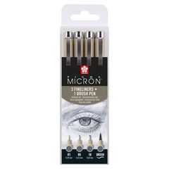Комплет технички пенкала Sakura Pigma Micron 3 fineliners a brush pen | темно сиви нијанси