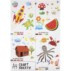 MOXY Комплет листови за ракотворби А4 – 16 парчиња пена, филц, светки и печатена хартија